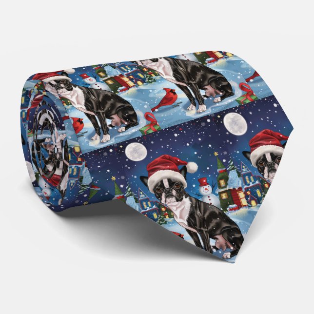 Gravata Cachorro Boston Terrier Natal Mágico Natal Feliz (Rolled)