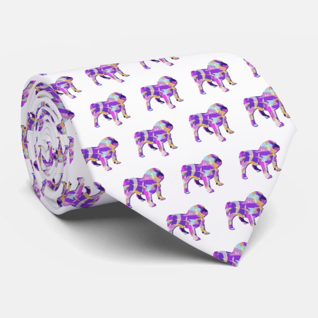 Gravata Cachorro Bulldog Inglês Silhouette Purple White Ne (Rolled)
