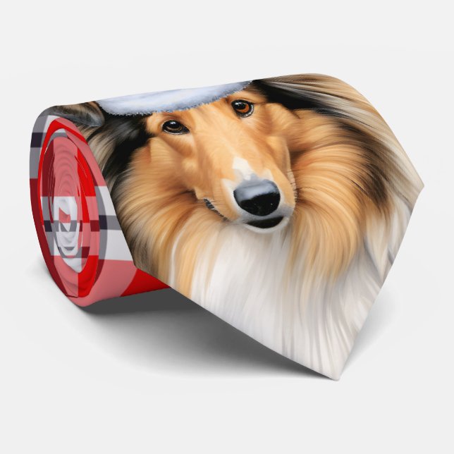 Gravata Cachorro Collie Vermelho e Xadrez Branca Natal (Rolled)