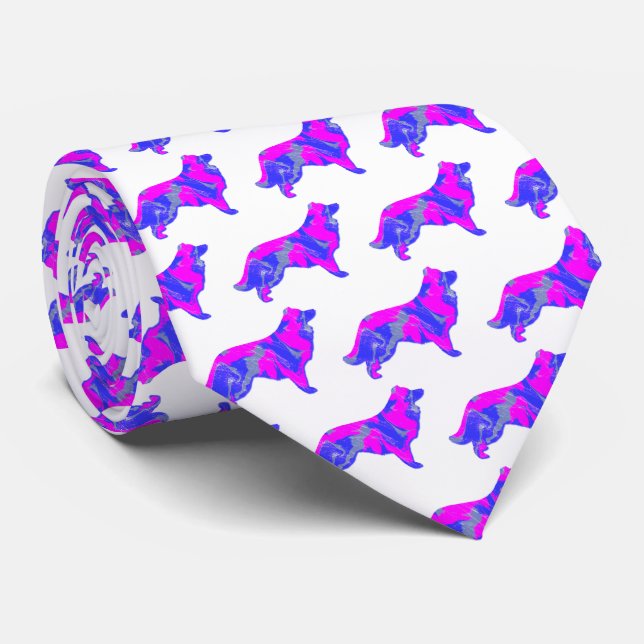 Gravata Cachorro de Borda Silhueta Rosa&Azul Branco (Rolled)