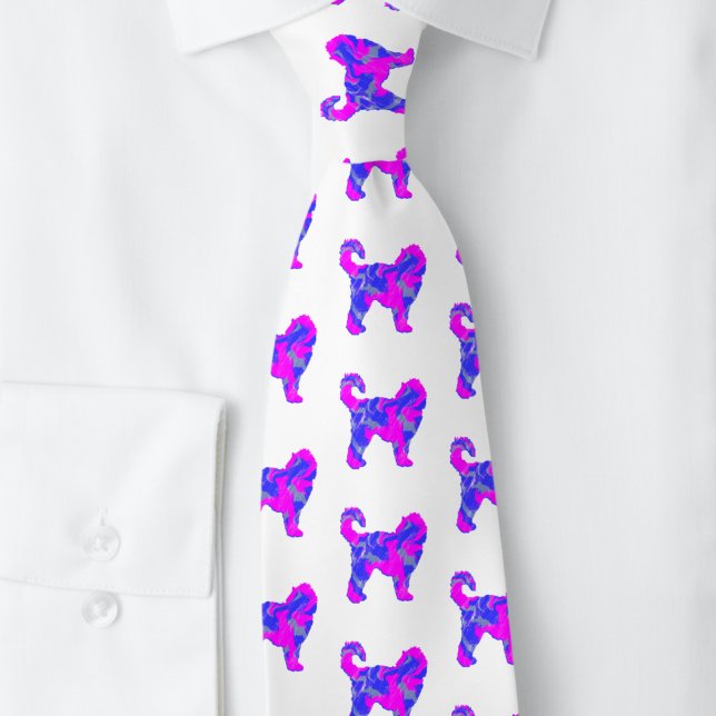 Gravata Cachorro de Cockapoo Silhueta Rosa e Abstrato Azul (Cockapoo dog pink and blue silhouette pattern white tie)