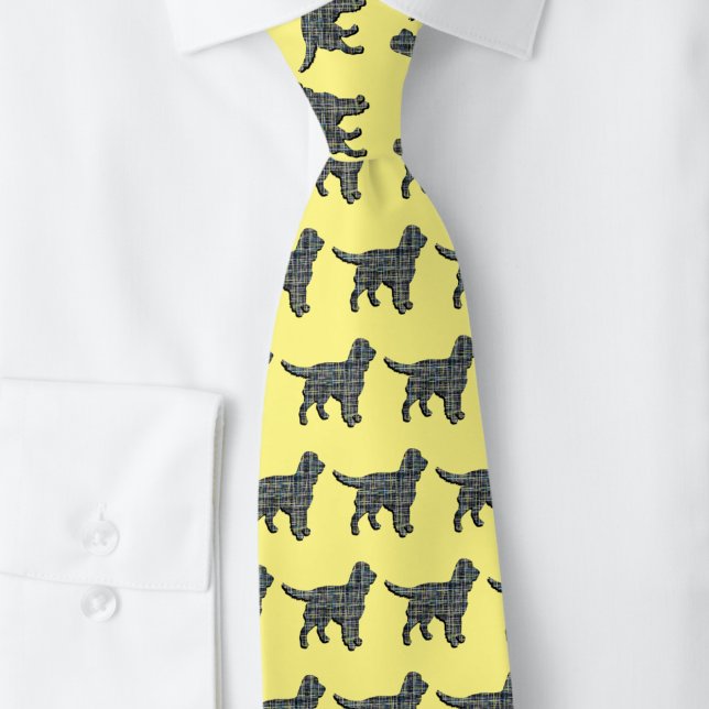 Gravata Cachorro Espanhol Amarelo e Grade Preta Amarelo (Sprocker dog silhouette grid pattern yellow tie)