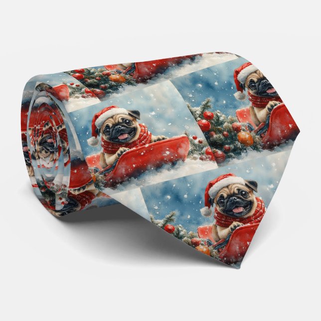 Gravata Cachorro Pug em Trenó Deixe Nevar Natal (Rolled)