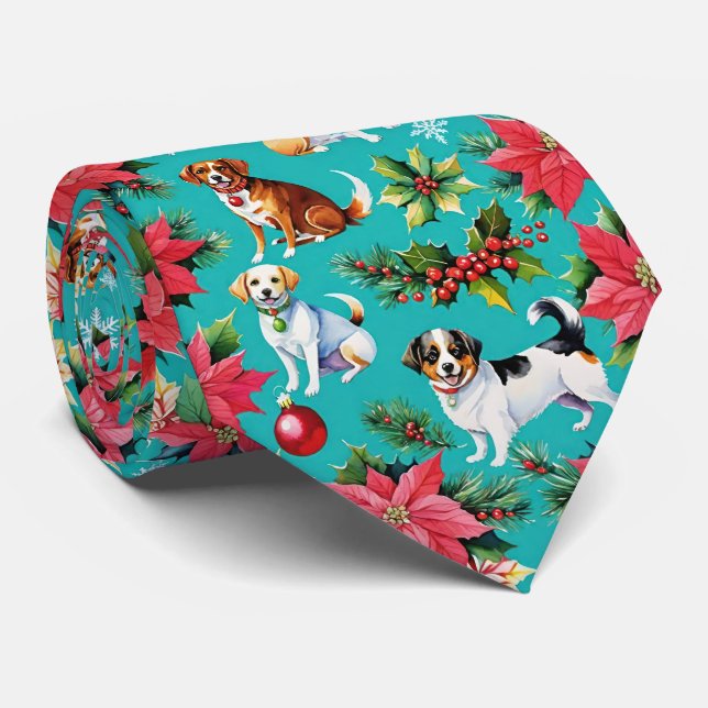Gravata Cães de Natal e Holly Férias Festivas (Rolled)