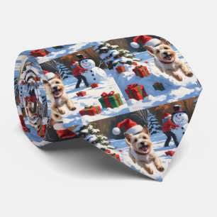 Gravata Cairn Terrier Correndo na Neve com Chapéu de Natal