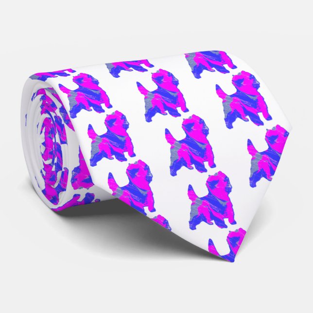 Gravata Cairn Terrier Dog Silhouette Rosa & Azul Branco (Rolled)