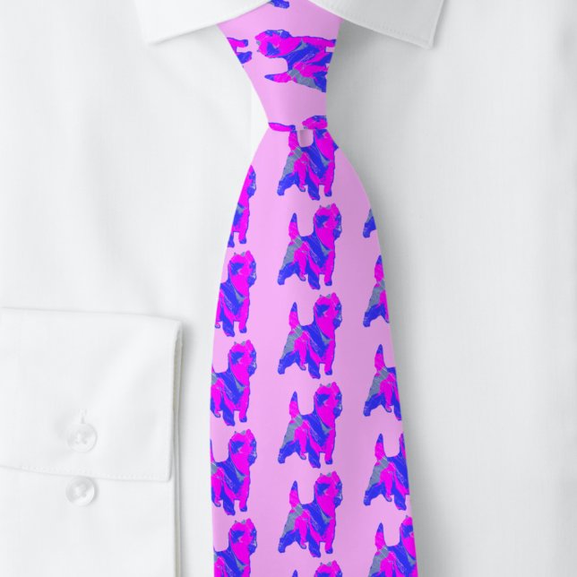 Gravata Cairn Terrier Dog Silhouette Rosa &Rosa claro Azul (Cairn Terrier pink and blue pattern silhouette pink background tie)
