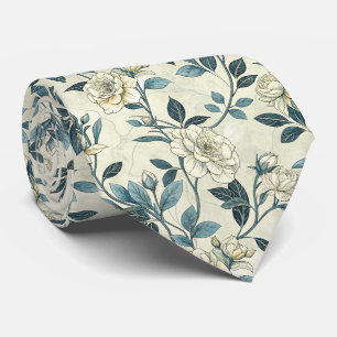 Gravata Camélia de Marfim Indigo Chinoiserie Botânica