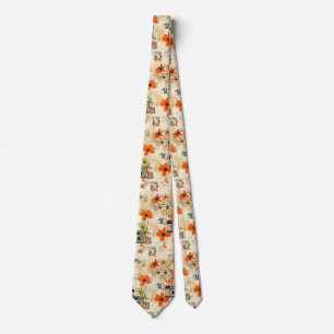 Gravata Câmera Antiga Efêmera Floral Laranja Mostarda