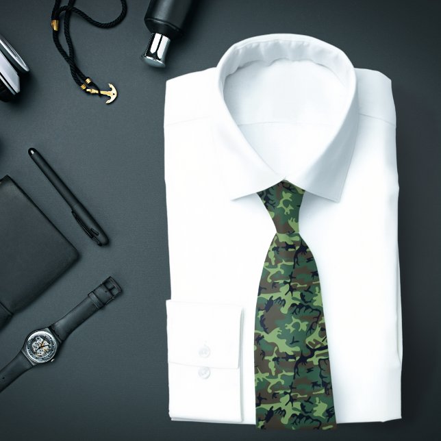Gravata Camouflage Necktie (A green camo necktie is featured on an assemblage of men's fashion accessories.)