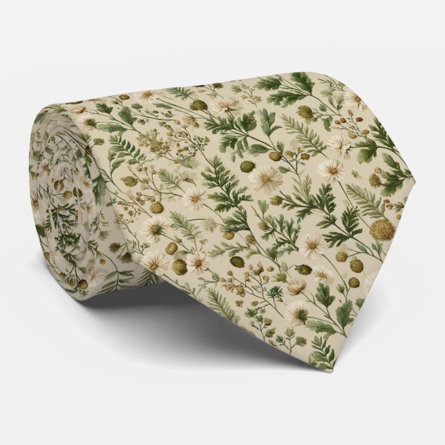 Gravata Campo de Flores Silvestres Verde Oliva Casamento P (Rolled)