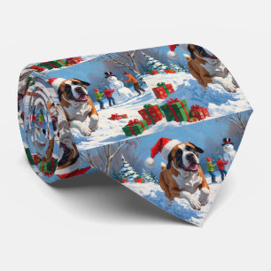 Gravata Cane Corso Correndo na Neve com Chapéu de Natal
