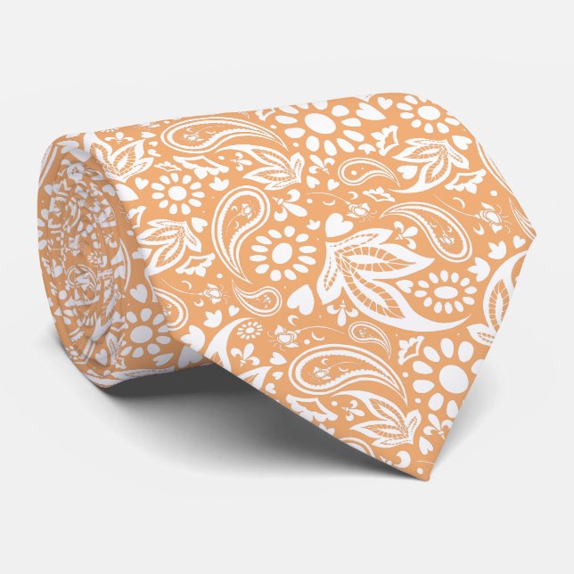 Gravata Cantaloupe e White Romantic Paisley Pattern (Rolled)