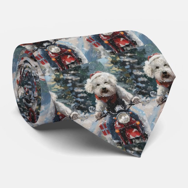 Gravata Cão Bichon Frise Pilotando Moto Natal (Rolled)