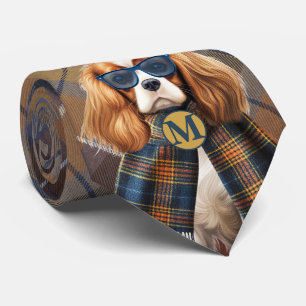 Gravata Cão Cavalier King Charles e Monograma Xadrez