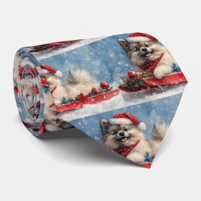 Gravata Cão Keeshond em Trenó Deixe Nevar Natal (Rolled)