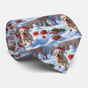 Gravata Cão Labrador Correndo na Neve com Chapéu de Natal