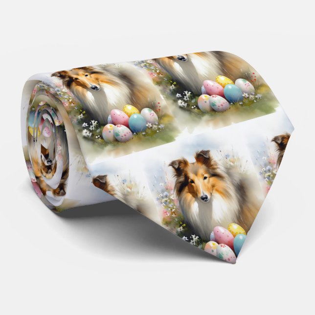 Gravata Cão Rough Collie com Feriado de Ovos de Páscoa  (Rolled)