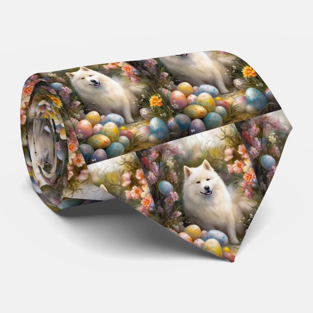 Gravata Cão Samoyed com Ovos de Páscoa Feriado (Rolled)