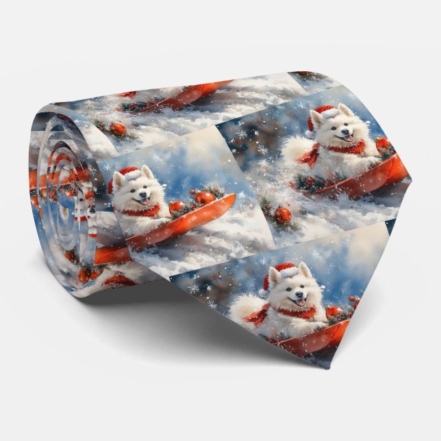Gravata Cão Samoyed em Trenó Deixe Nevar Natal (Rolled)