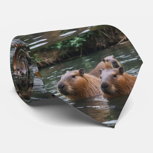 Gravata Capybaras Nadando No Rio, (Rolled)