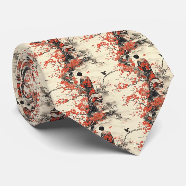 Gravata Casal Romântico no Quimono com Padrão de Sakura (2 (Rolled)