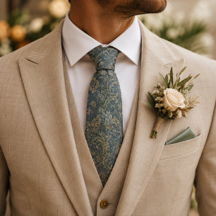 Gravata Casamento Barroco em Azul Empoeirado e Verde Sálvi