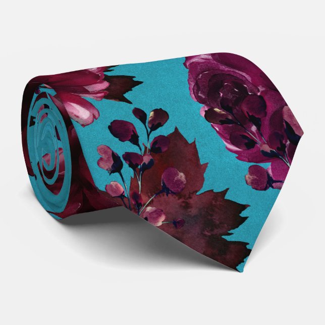 Gravata Casamento com Aqua Teal Merlot Jewel Tone (Rolled)