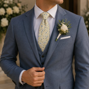 Gravata Casamento de Jardim Botânico Geométrico Azul e Oli