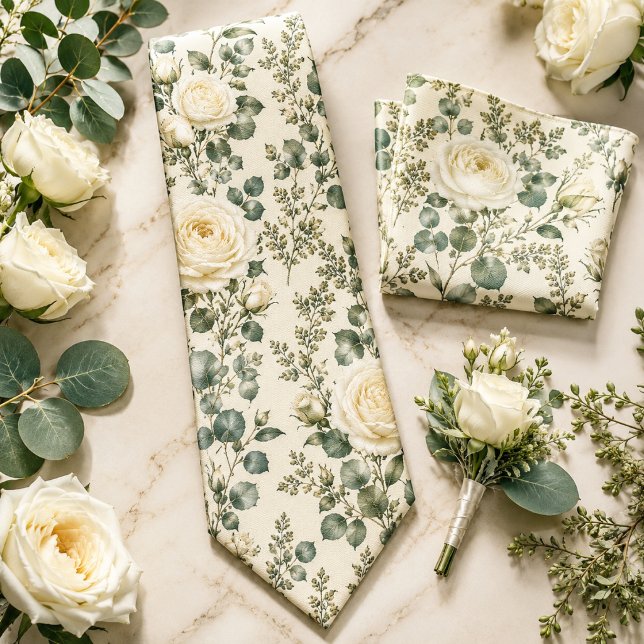Gravata Casamento de Luxo Rosa Marfim e Eucalipto Verde Sa (Criador carregado)