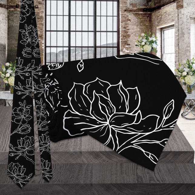 Gravata Casamento de Magnólia Preto e Branco Moderno (Criador carregado)