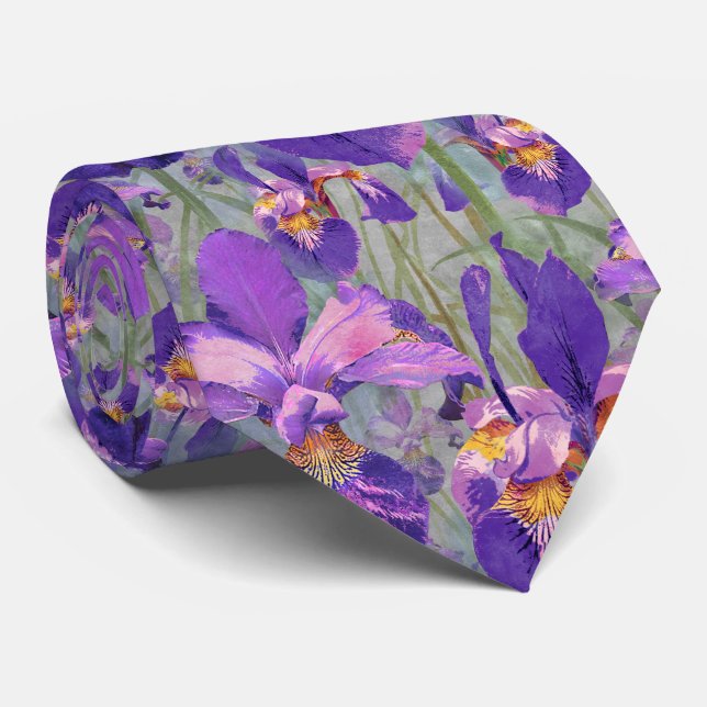 Gravata Casamento de Padrão Floral Iris Roxo Moderno (Rolled)
