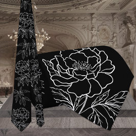 Gravata Casamento de Peônia de Jardim Moderna Preta e Bran