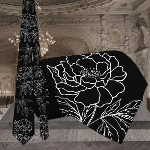 Gravata Casamento de Peônia de Jardim Moderna Preta e Bran