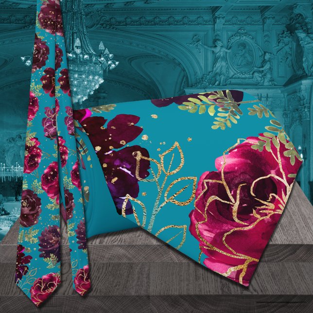 Gravata Casamento Dourado de Aqua Teal Merlot Jewel Tone (Aqua Teal Merlot Jewel Tone Gold Wedding Neck Tie)