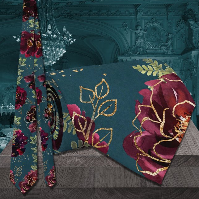 Gravata Casamento Dourado de Teal Bordeaux Jewel Tone (Teal Bordeaux Jewel Tone Wedding 2 Neck Tie)
