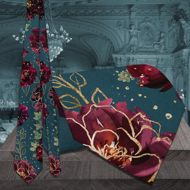 Gravata Casamento Dourado de Teal Bordeaux Jewel Tones (Teal Bordeaux Jewel Tones Gold Wedding Tie )