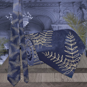 Gravata Casamento Elegante com Folha de Samambaia Azul Nav