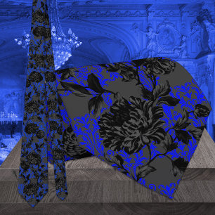 Gravata Casamento Elegante Floral Negro e Azul Gótico
