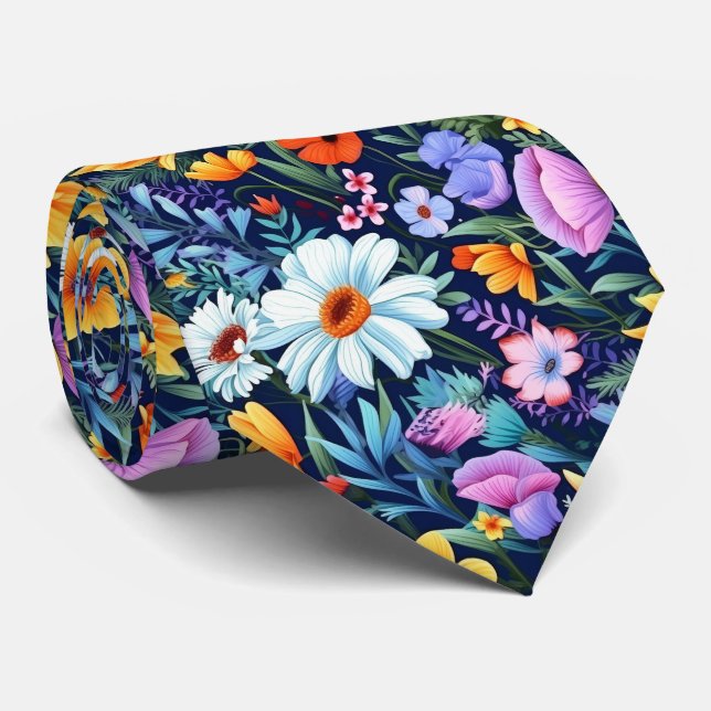 Gravata Casamento Floral Azul Marinho (Rolled)