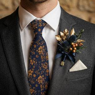 Gravata Casamento Floral Azul Marinho e Dourado Antigo