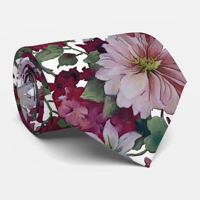 Gravata Casamento Floral Branco Blush Burgundy (Rolled)