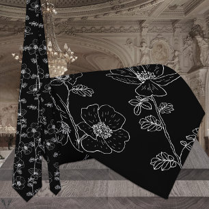 Gravata Casamento Floral de Videira Preto e Branco Moderno