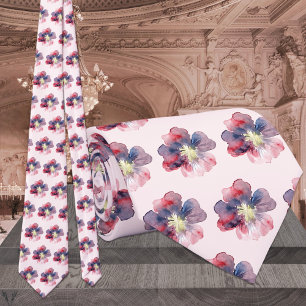 Gravata Casamento Floral em Aquarela Rosa e Azul-Marinho