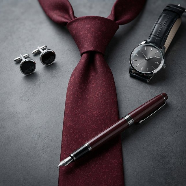 Gravata Casamento Floral Jacquard Botânico Borgonha (Criador carregado)