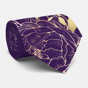Gravata Casamento Floral Moderno de Púrpura e Dourada