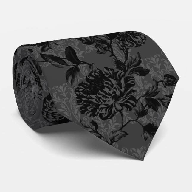 Gravata Casamento Floral Negro Preto com Carvões Góticos (Rolled)