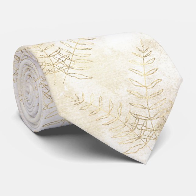 Gravata Casamento Folha de Samambaia Branco e Dourado Eleg (Rolled)