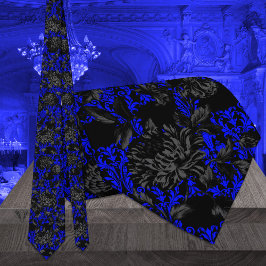 Gravata Casamento Gótico Damasco Floral Negro e Azul