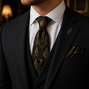 Gravata Casamento Luxuoso Preto Dourado Art Déco Gatsby
